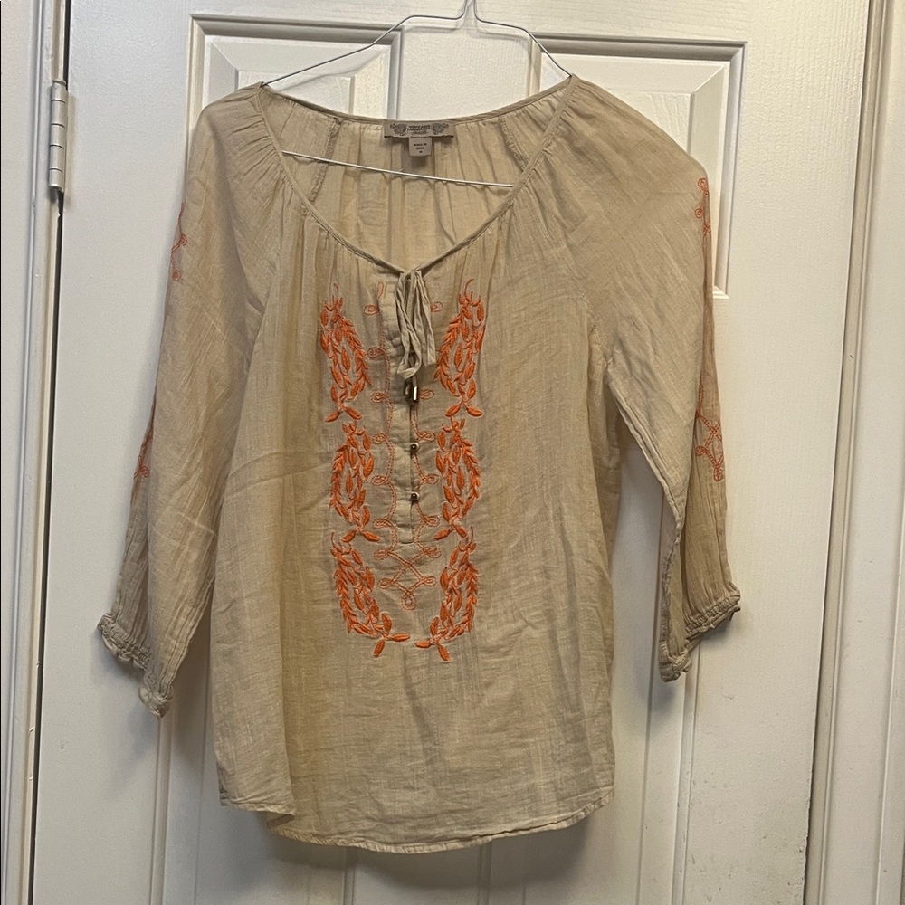 Vintage AmericaEmbroidered Beige and Orange Blouse S